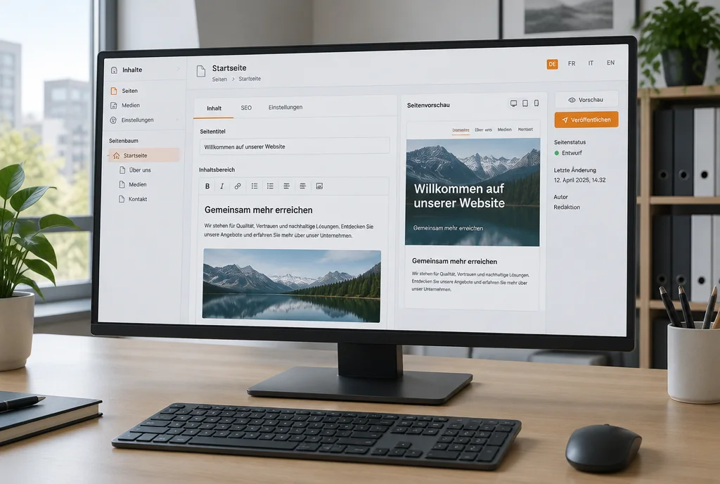 Monitor mit einem Redaktionssystem, Seitenbaum und Sprachen DE, FR, IT und EN, Beispieldarstellung